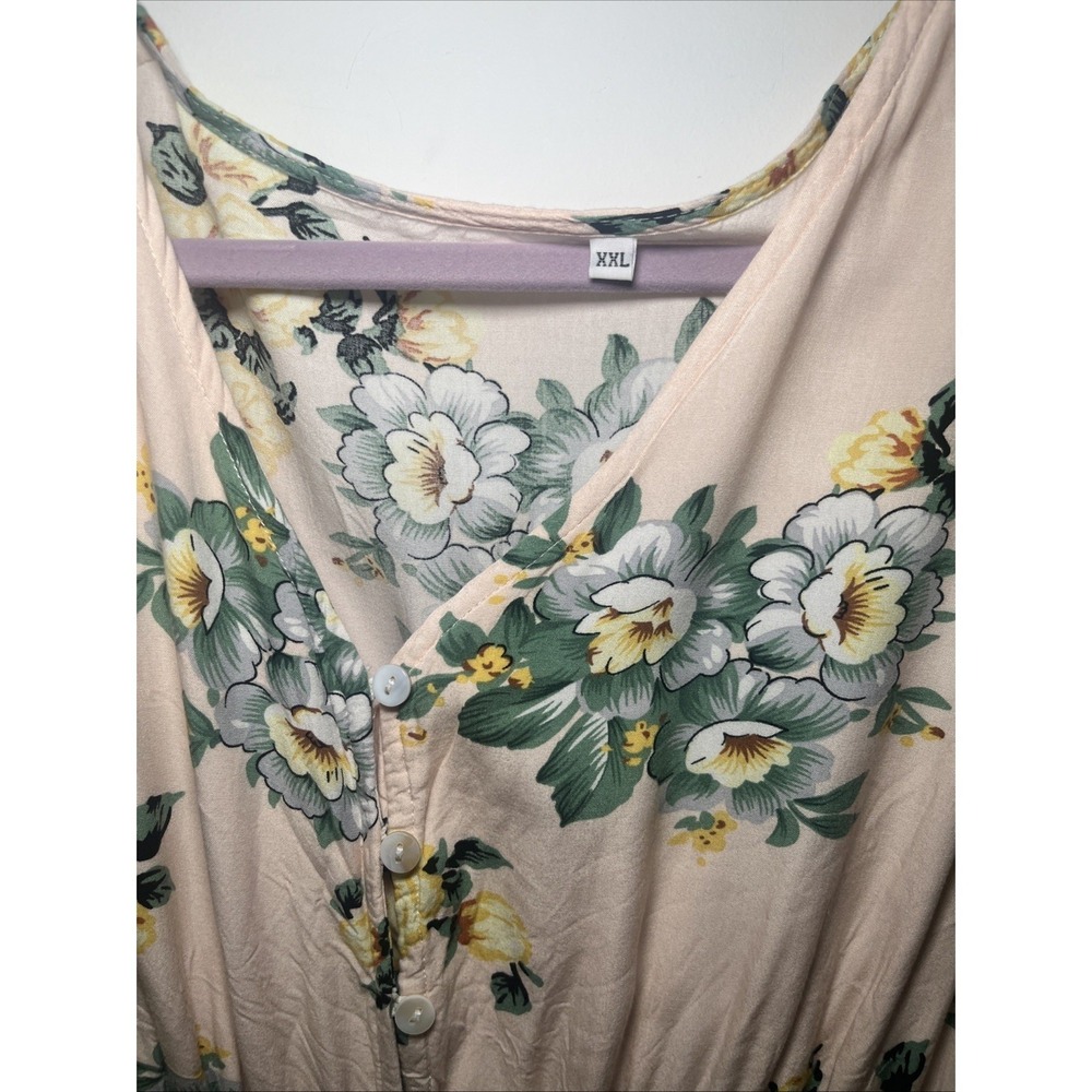 Womens XXL Floral Midi Dress Pink Yellow Cottagecore Smocked Waist Romantic - Picture 7 of 10